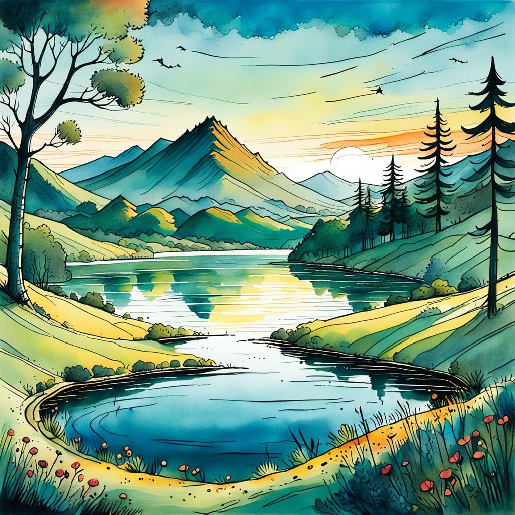 Mountain Lake at Dawn: A Whimsical Illustration