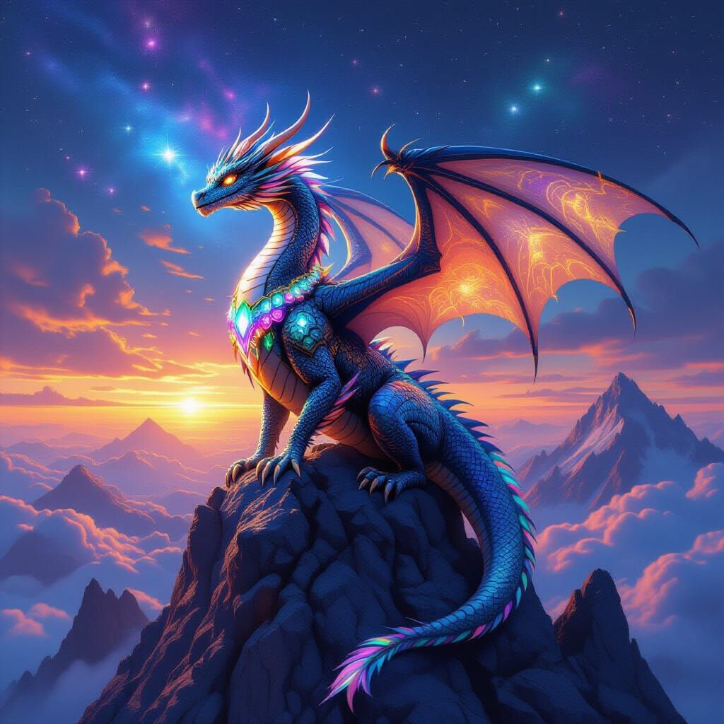Cosmic Dragon on Crystalline Peak in Hyperrealistic Style
