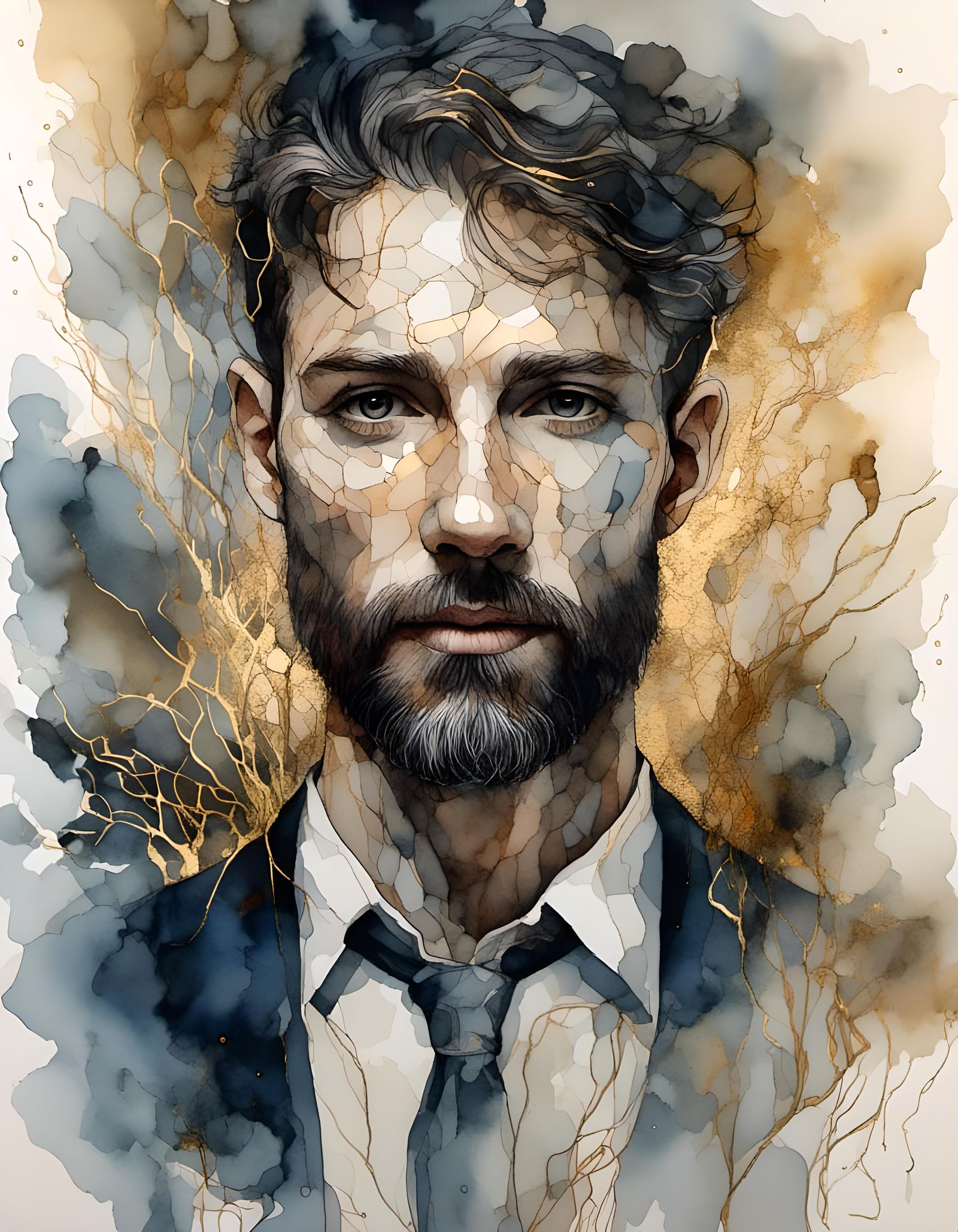 Detailed Portrait with Watercolor and Gold Ink