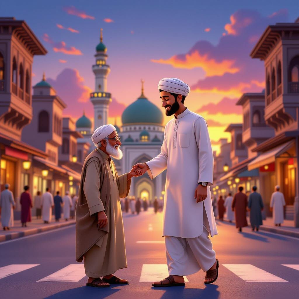 Kind Man Helps Blind Elder in Islamic City