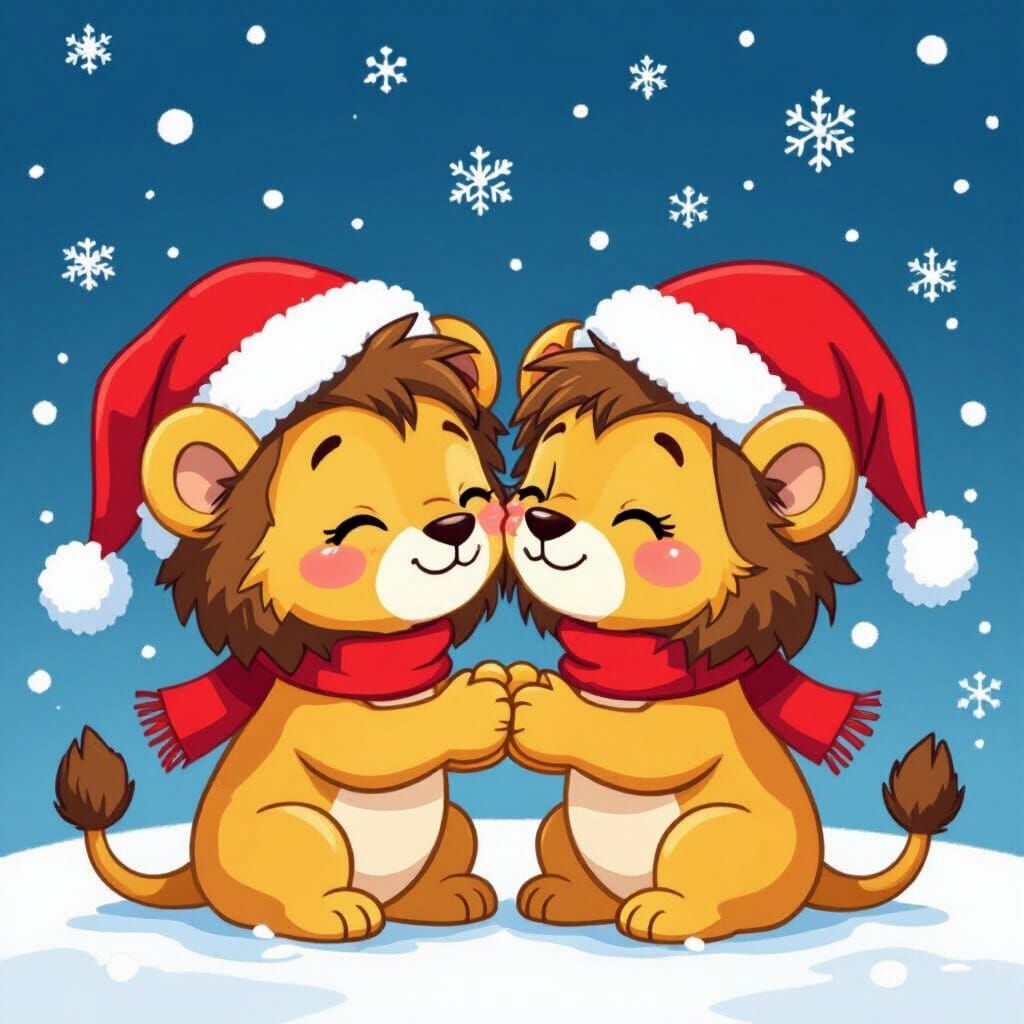 Cute Cartoon Lions Kissing in Santa Hats