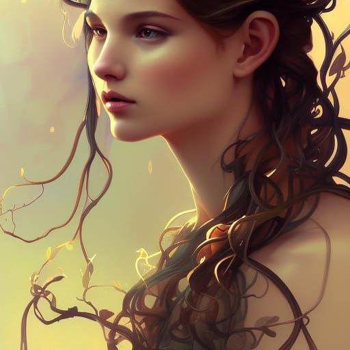 Pretty fawn human girl with vines for hair.