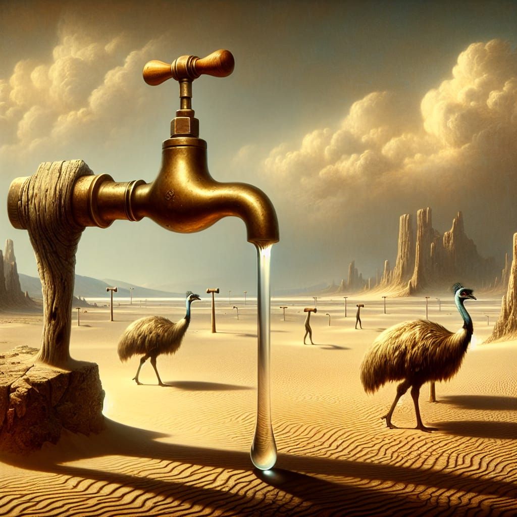 Surreal Desert Scene with Mercury Drips and Marching Hammers