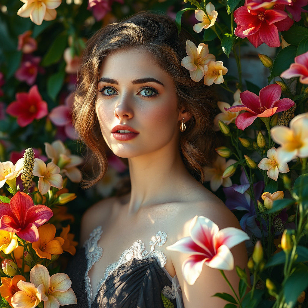 Ethereal Woman Surrounded by Exotic Flowers