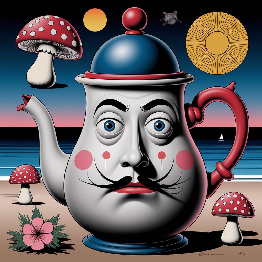 Surreal Beach Scene with Frightened Teapot and Nutcracker