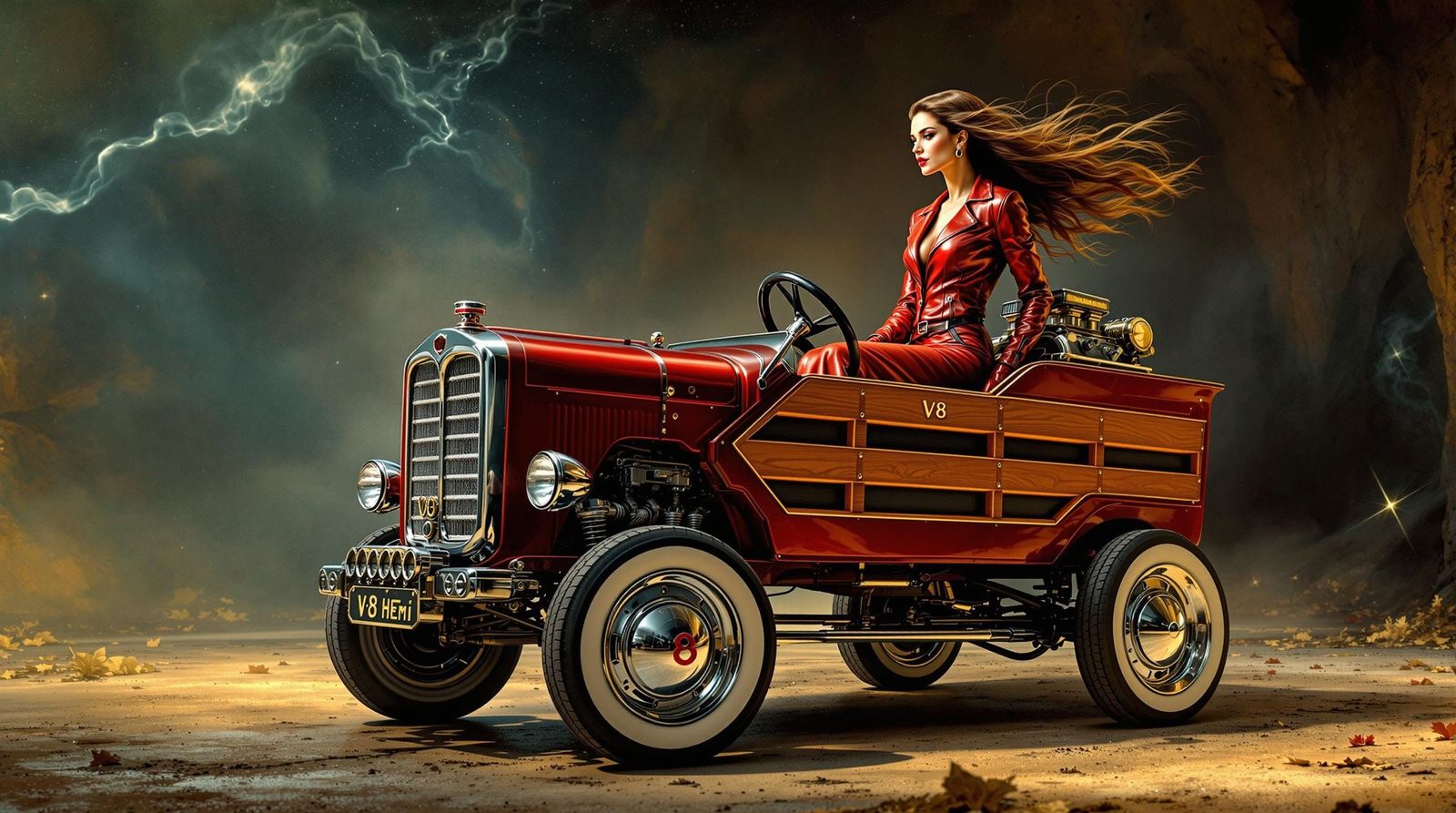 Surrealist 1950s Toy Wagon Scene with Futuristic Model