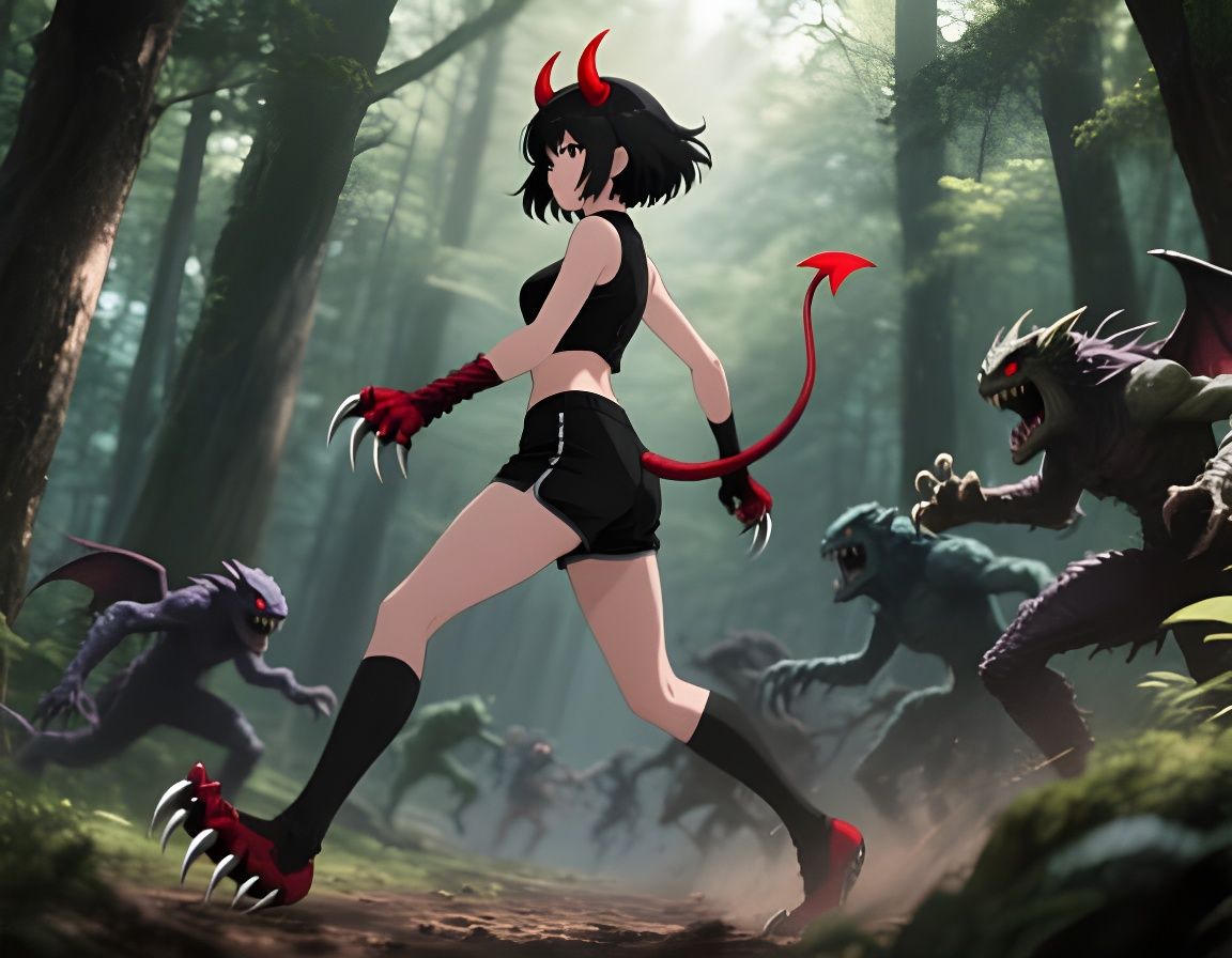 Anime Warrior Battles Demons in Forest: Cinematic Film Still