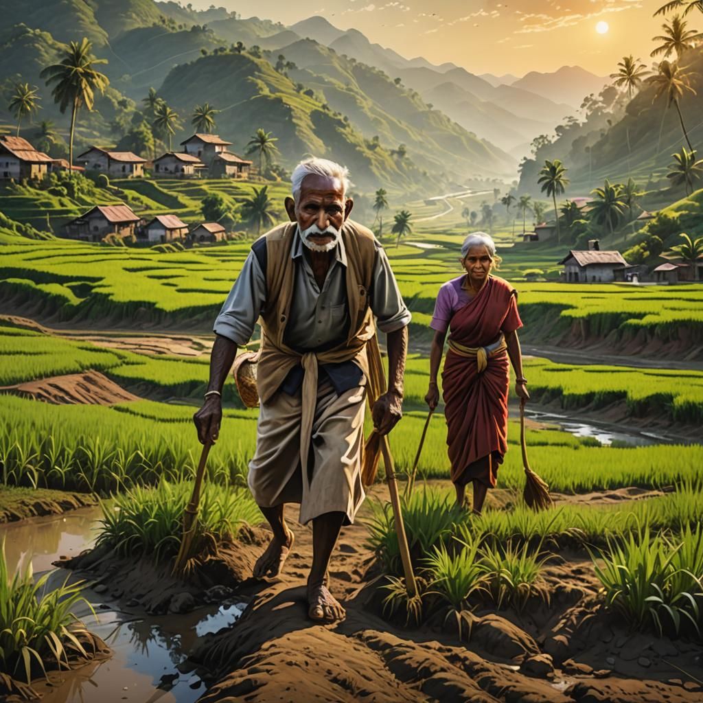 Indian Farmers at Sunrise: Hyperrealistic Village Scene