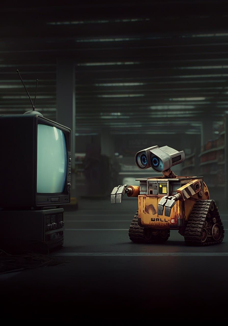 WALL-E Robot Watches TV: Cinematic Film Still