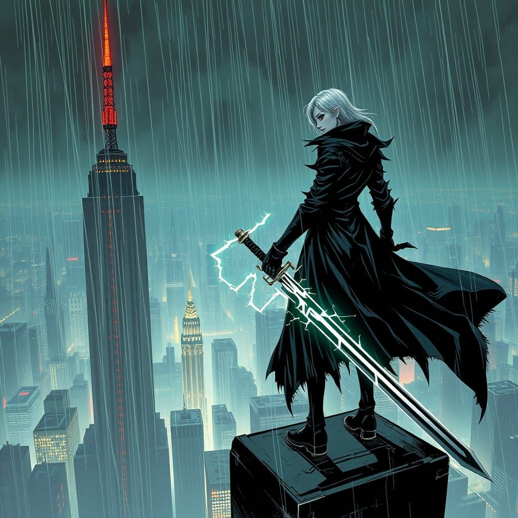 Gothic Vampire Warrior Overlooks Cyberpunk City