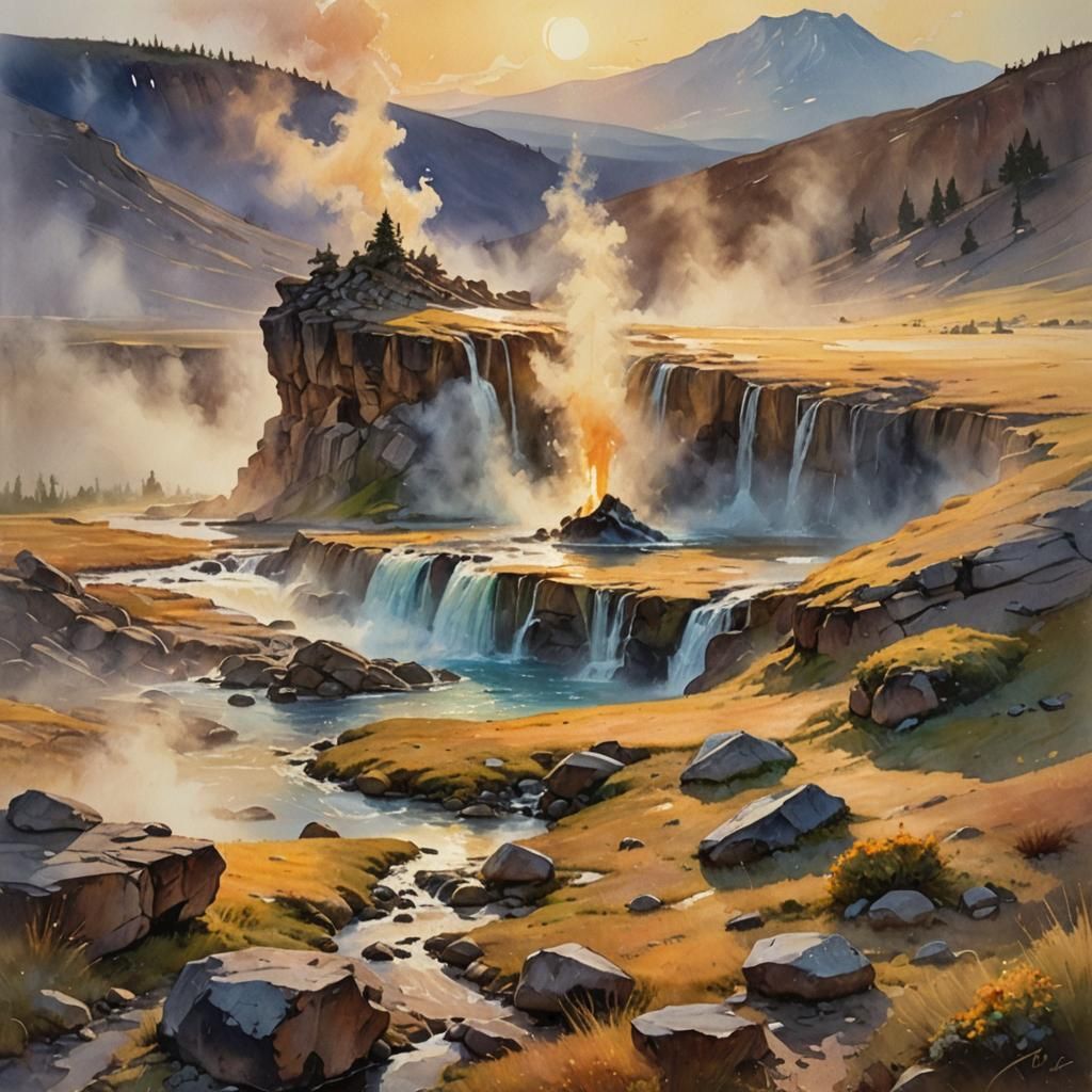Misty Geyser Eruption at Sunset: An Oil Painting
