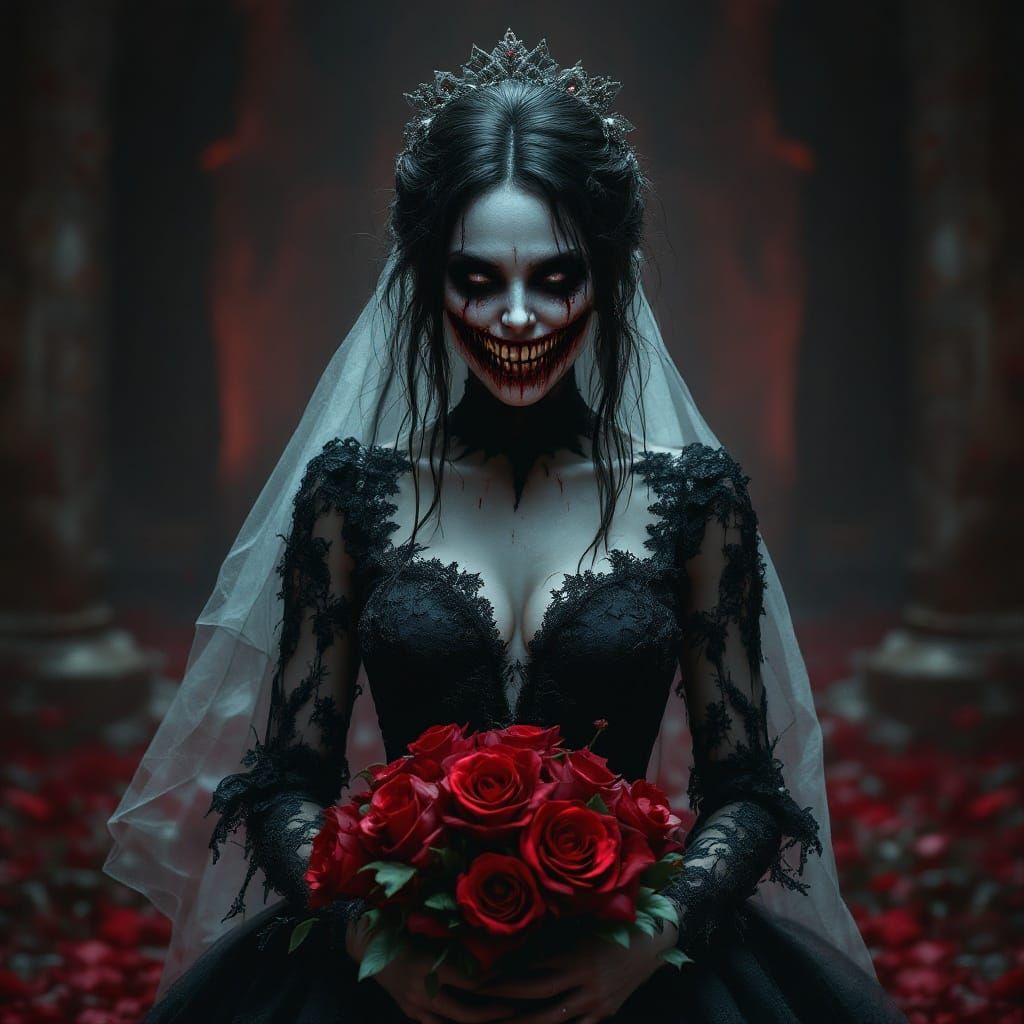 Ethereal Bride Adorns Dark Altar with Wilted Roses