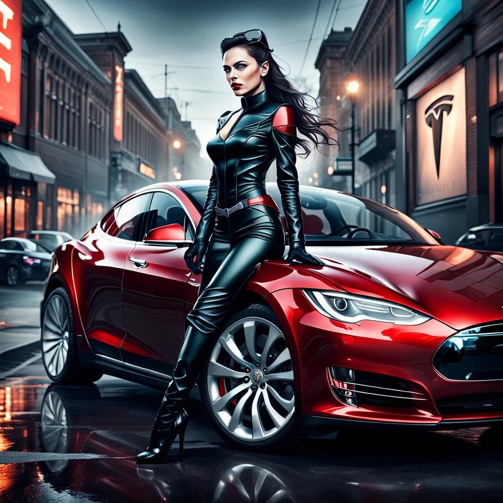 Hyperrealistic Woman on Tesla Car in HDR