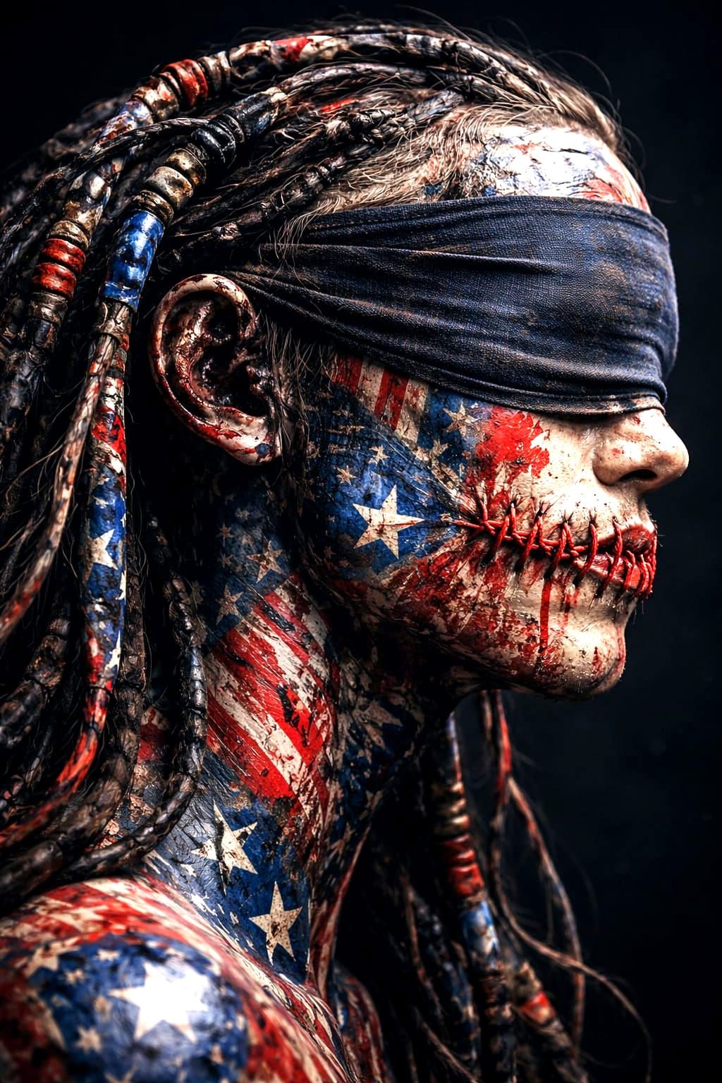 Cybernetic Patriot Portrait with Propaganda Paint