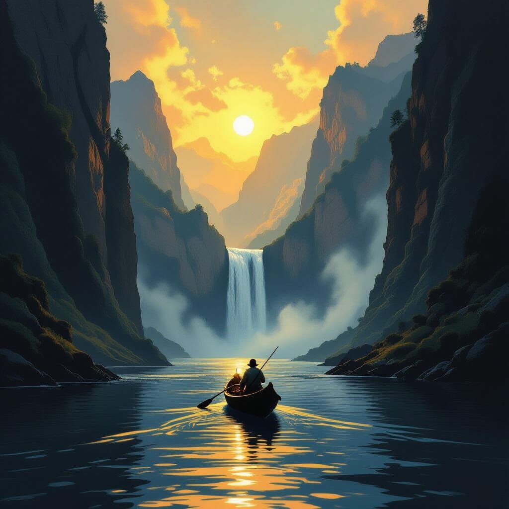 Fisherman's Lantern Guides Boat Past Giant Waterfall in Moun...