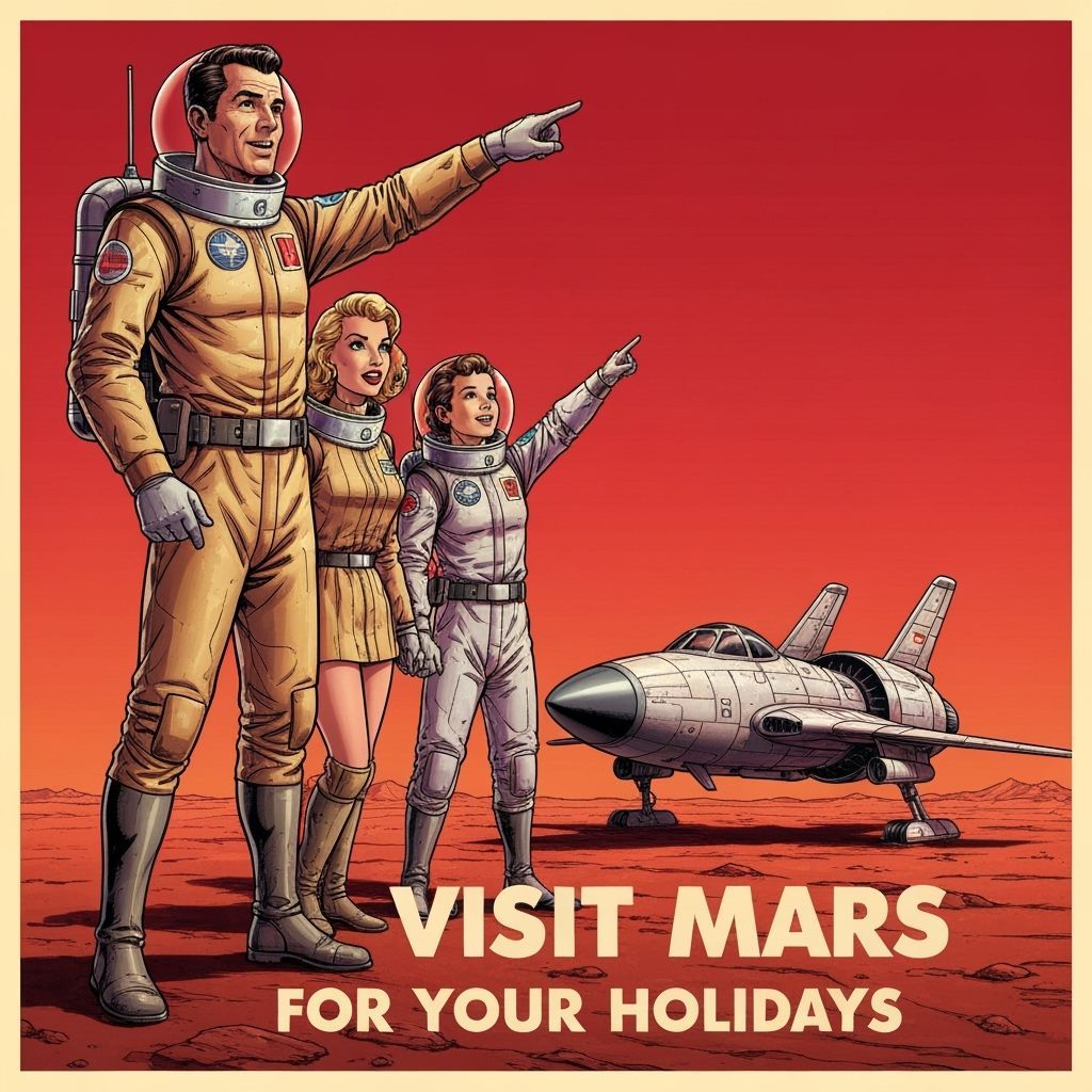 1950s Martian Holiday Poster with Space Family