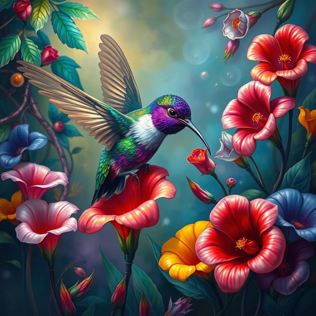 Rainbow Hummingbird Feasts in Vibrant, Surreal Secret Garden