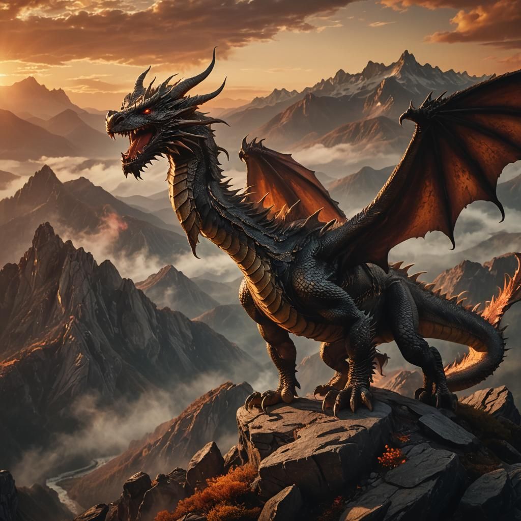 Majestic Dragon Silhouetted Against Fiery Sunset