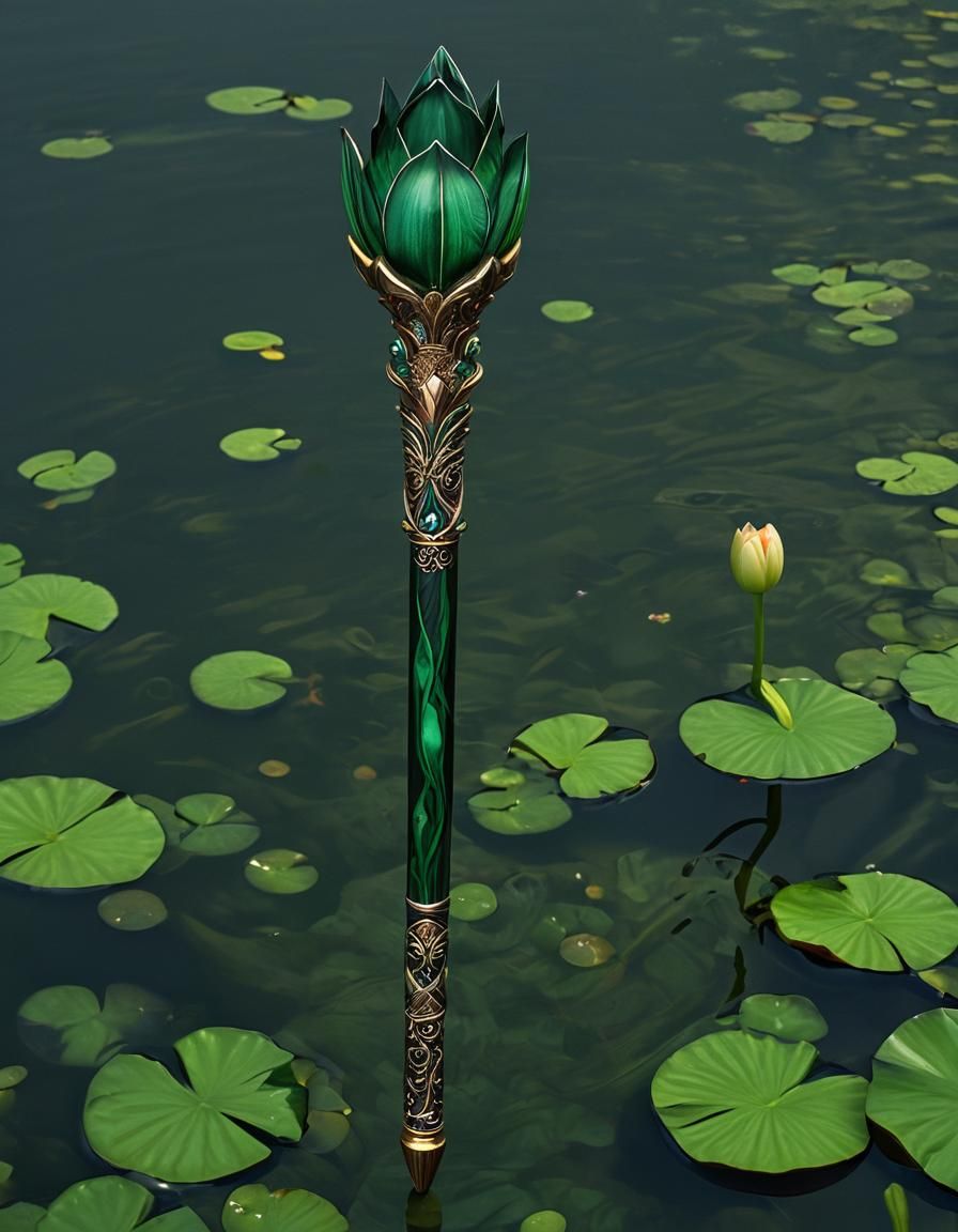 Ornate Malachite Scepter with Lily Pad Design