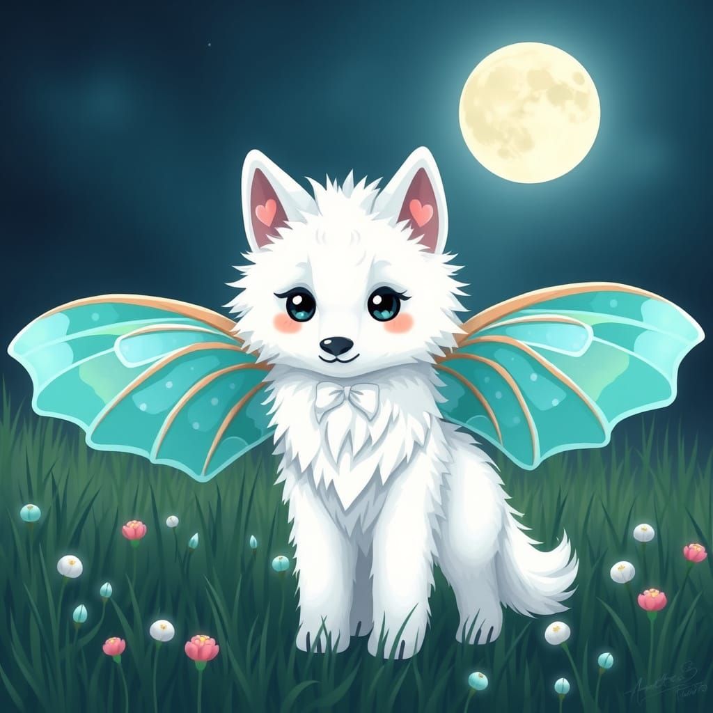 Wolf Under Full Moon in Kawaii Style