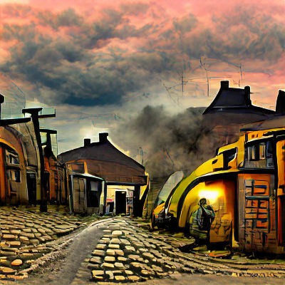 Abandoned Cobbled Street in Post-Apocalyptic Scene