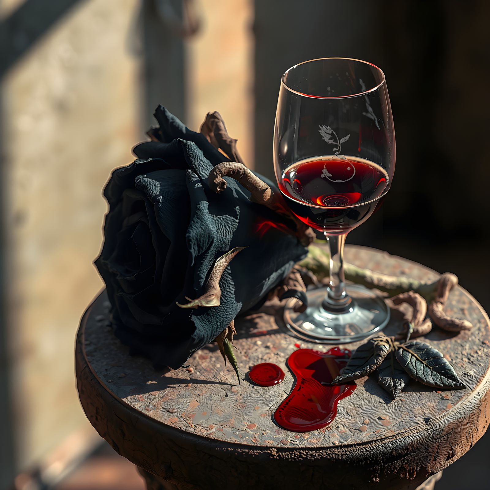 Dramatic Black Rose and Wine Still Life