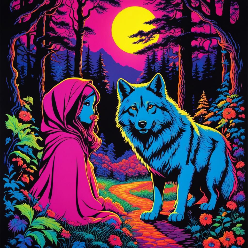 Blacklight poster by lisa frank, of Red Riding Hood , big bad wolf Psychedelic, fluorescent, hippie, , Underground c...