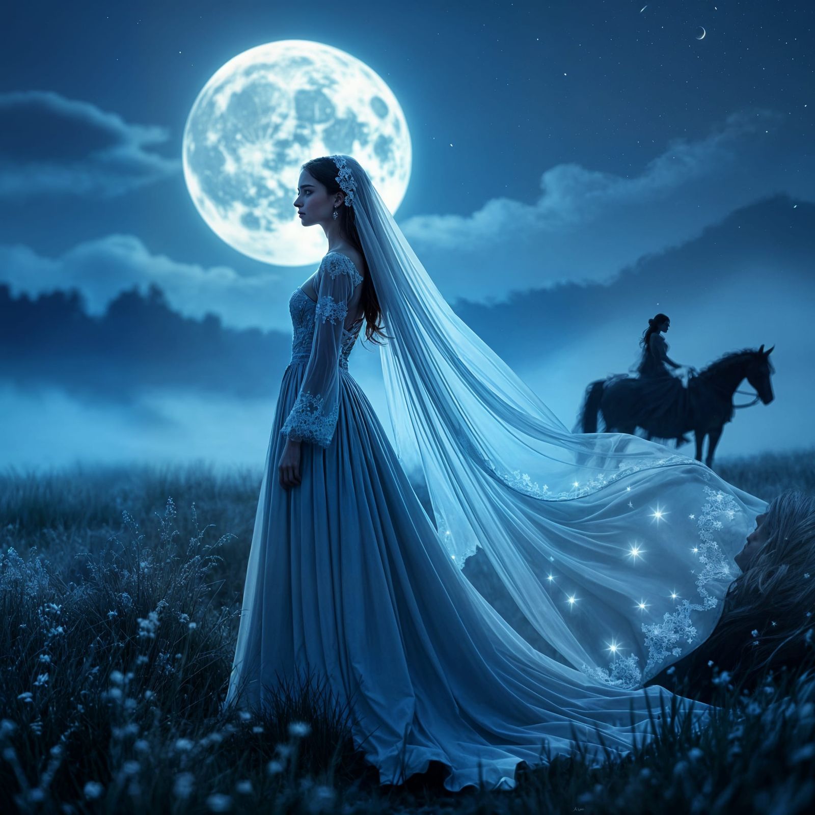 Ethereal Woman in Moonlit Field with Star Veil