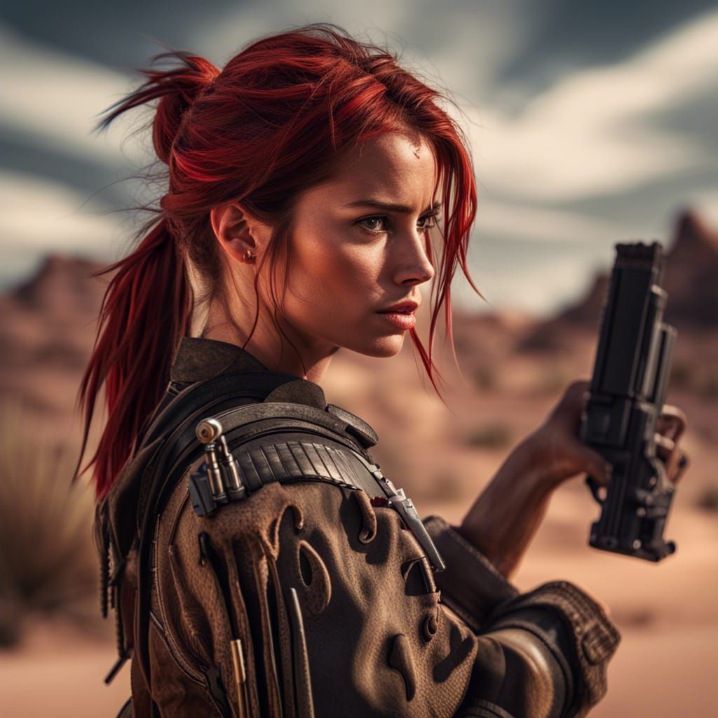 Hyperrealistic Warrior Woman in Desert with Gun