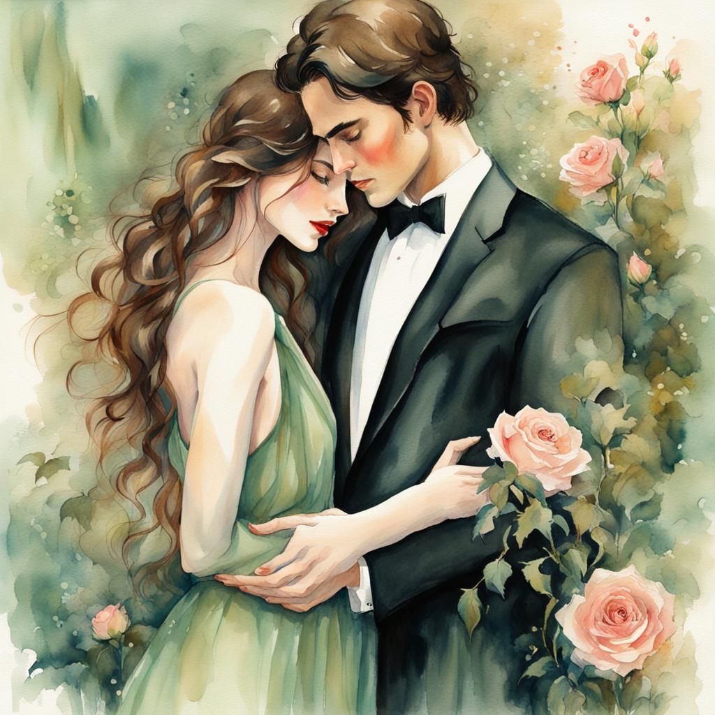 Romantic Watercolor: Lovers Embrace in Dewy Rose Garden