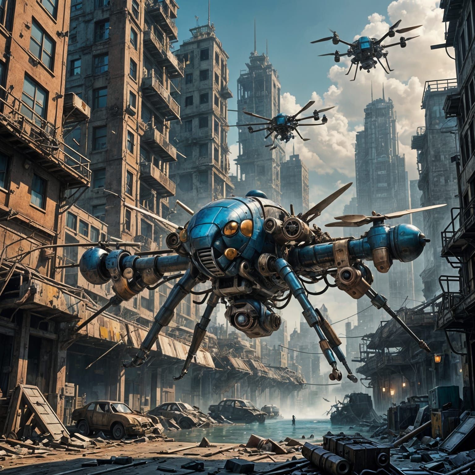 Dieselpunk Wasp Drone in Postapocalyptic Urban Landscape