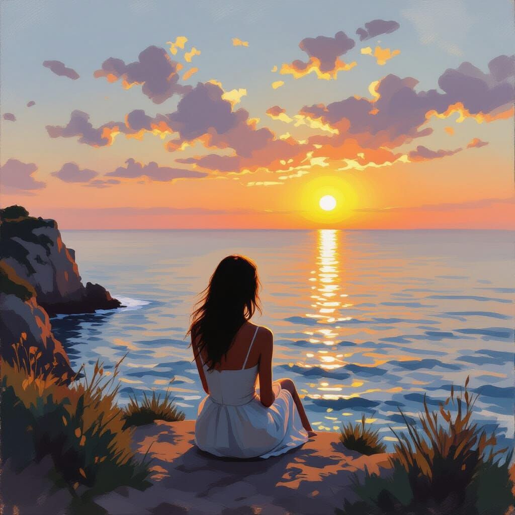 Woman on Cliff at Sunset in Impressionistic Style