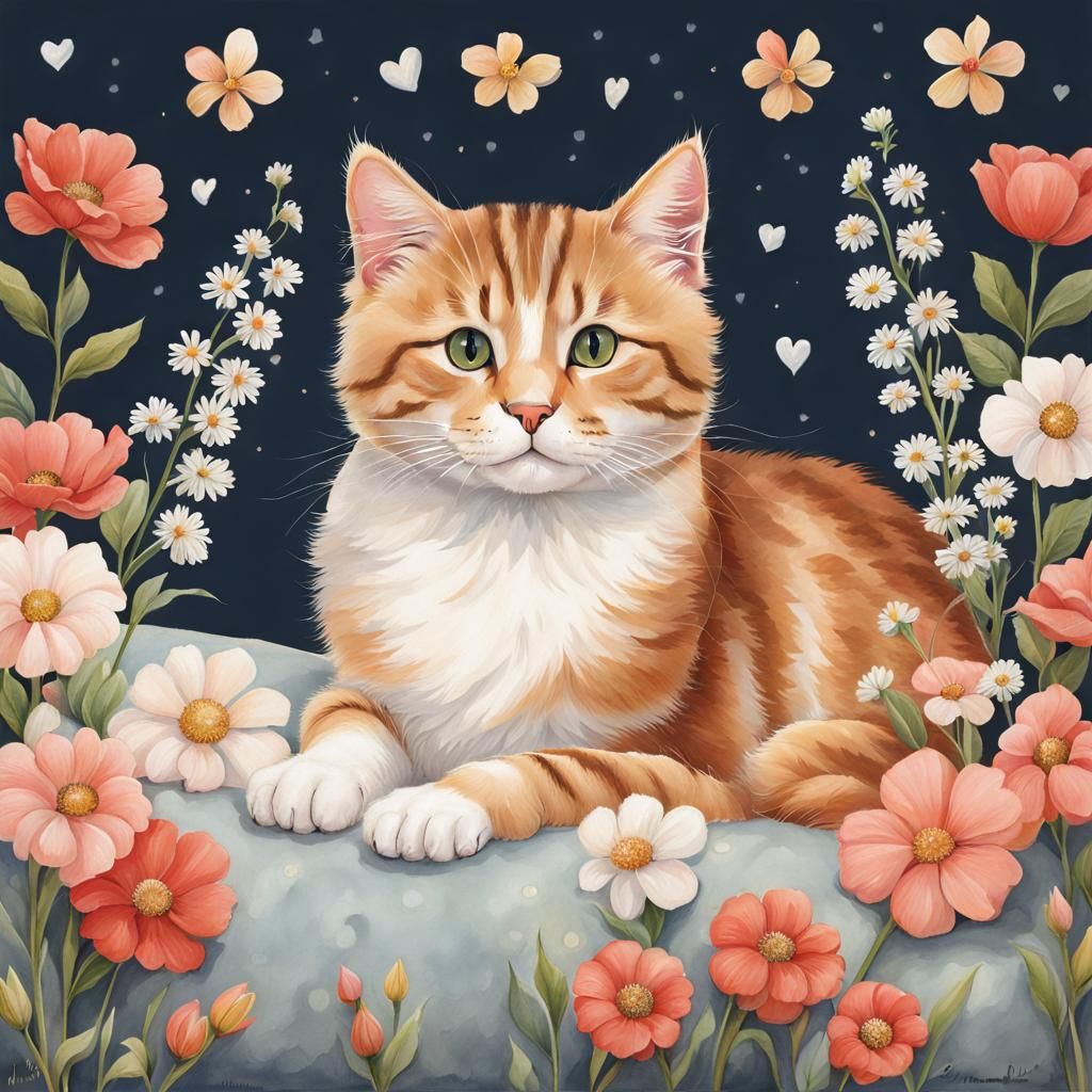 Cute Cat Surrounded by Flowers and Heart Lights