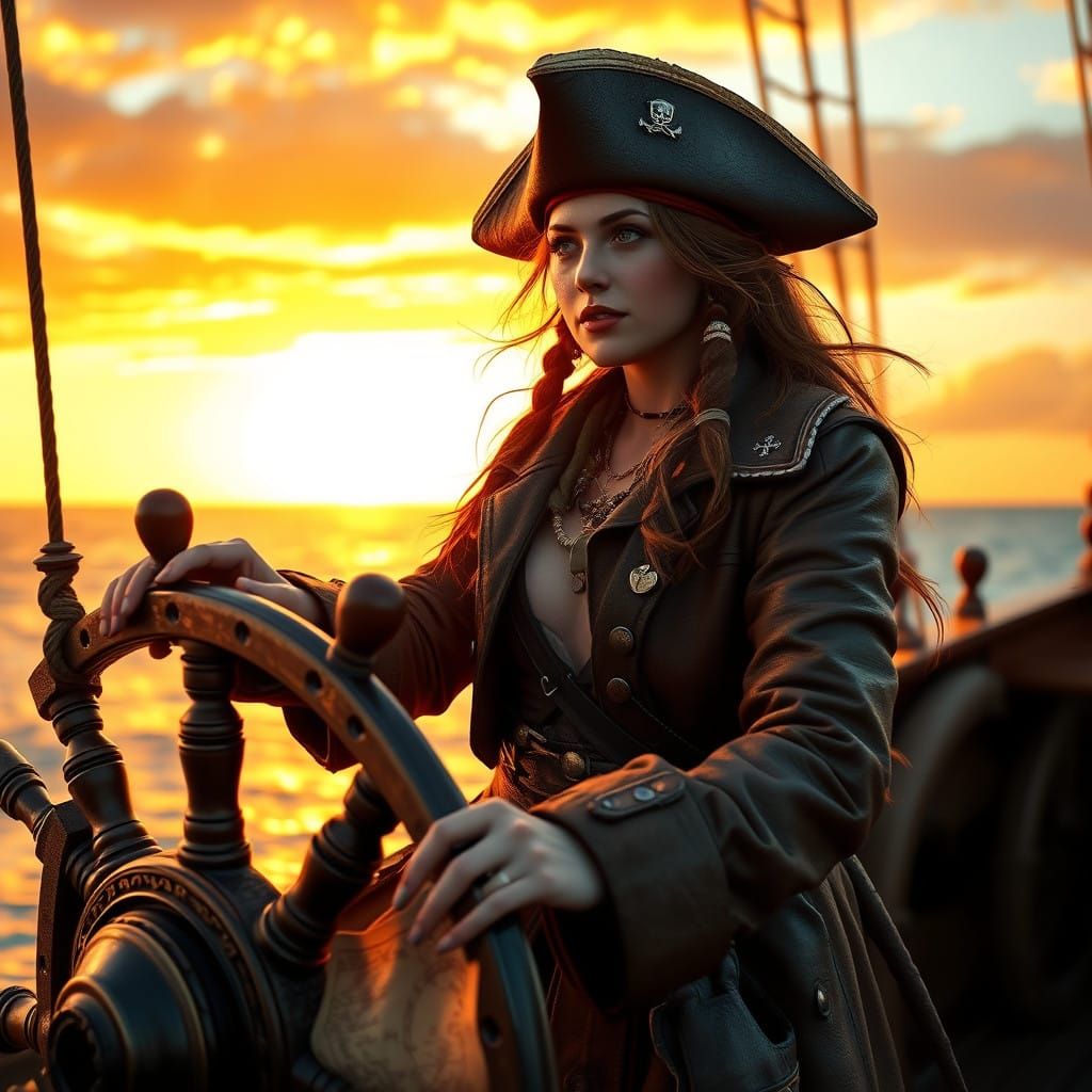 Ethereal Sunrise Pirate Navigator in Hyper-Realistic Style