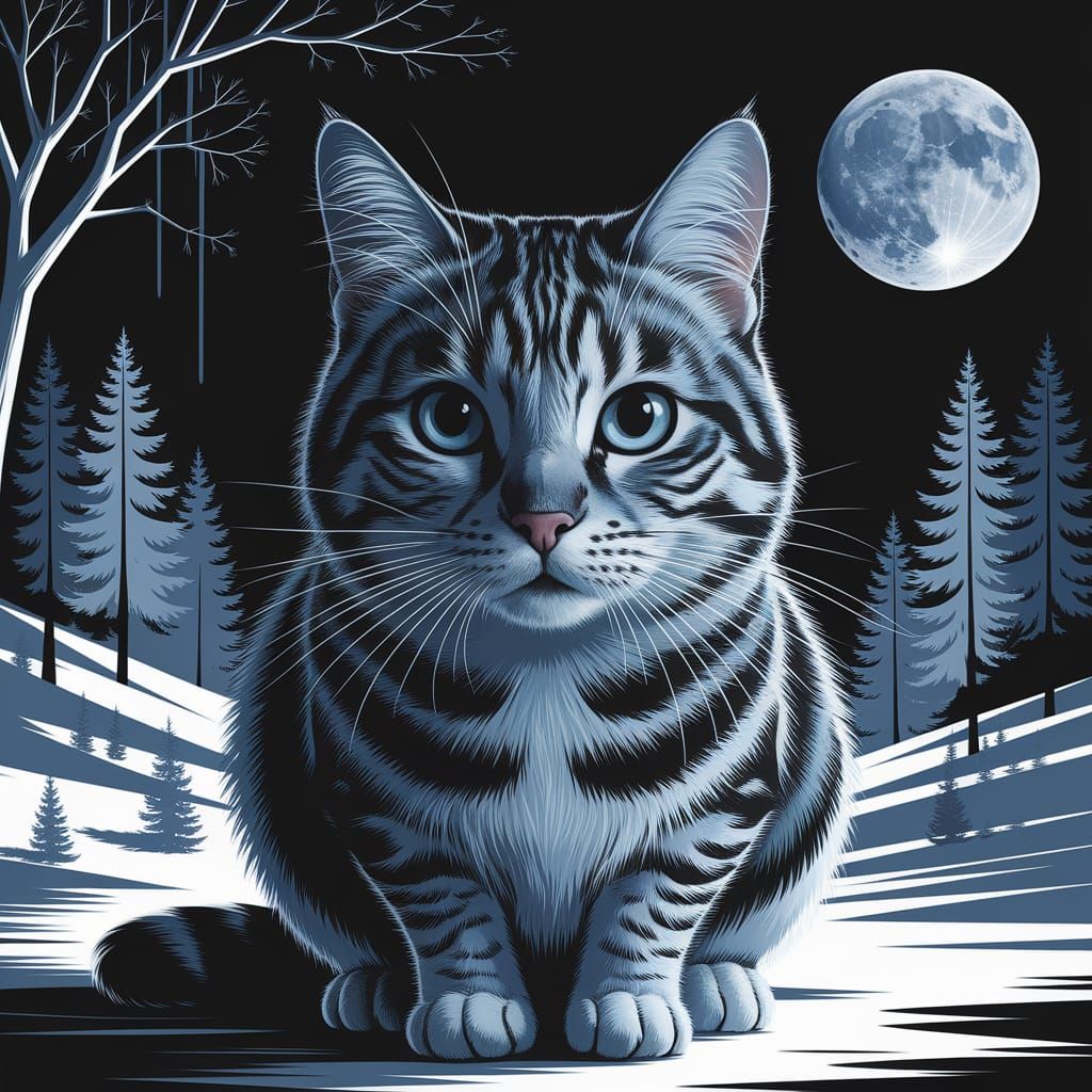 Whimsical Feline in a Dreamy Snowy Night