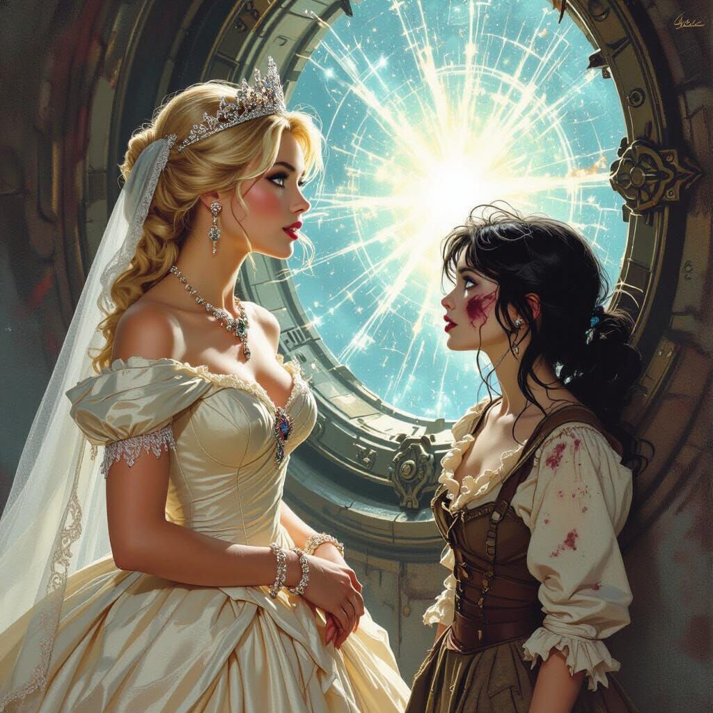 Victorian Romance: Women Gaze at Space Portal