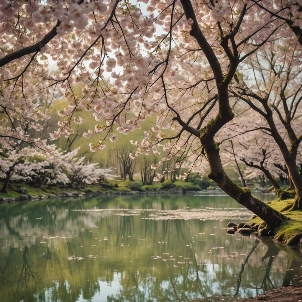 Vibrant Cherry Blossom Trees Around a Serene Lake