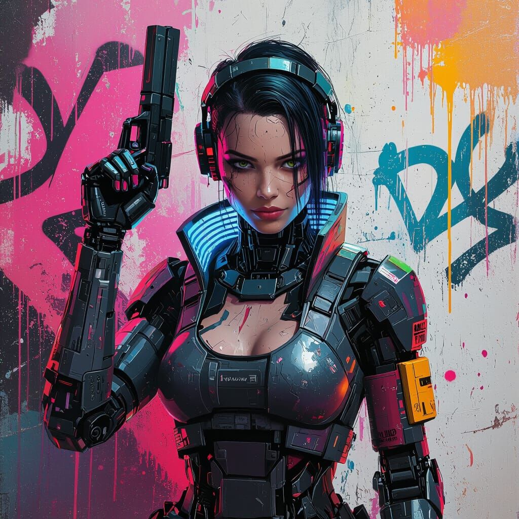 Cyberpunk Android in Vibrant Graffiti Splash Art