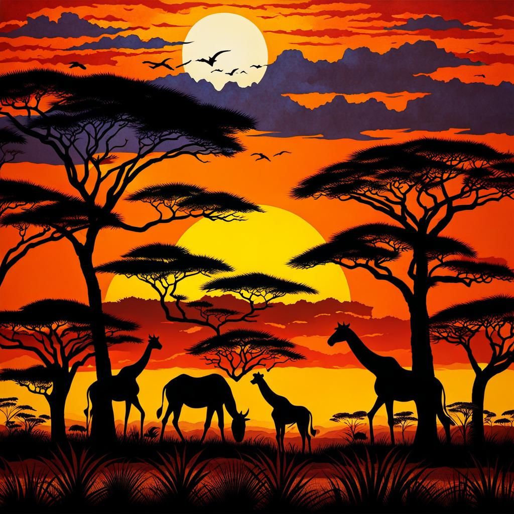 African Sunset Savannah in Batik Style