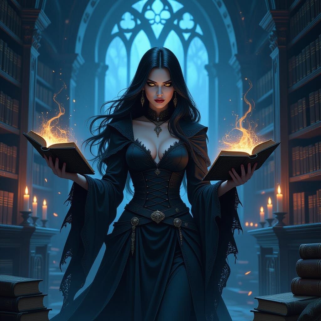 Dark Sorceress Levitation in Gothic Library
