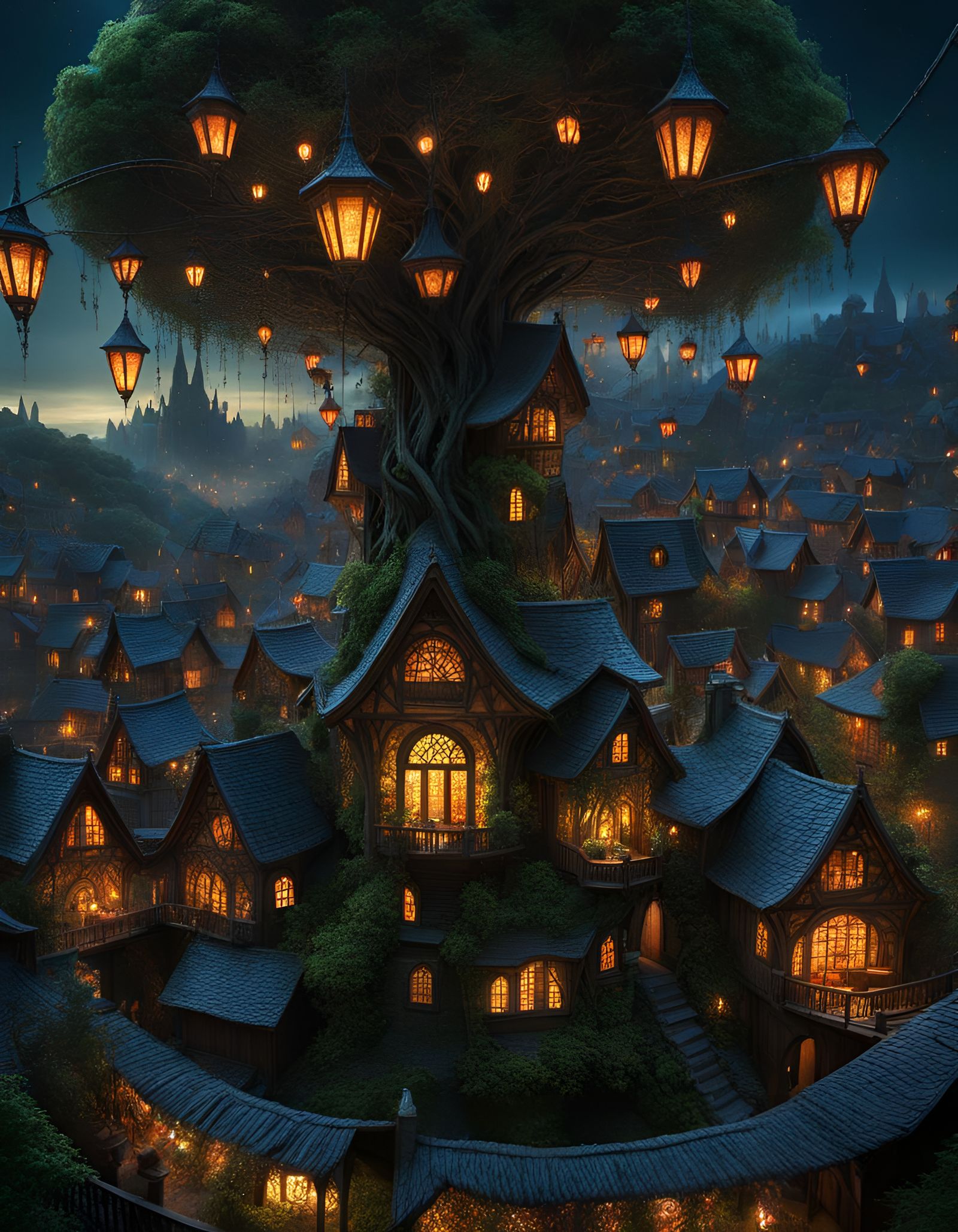 Glowing Spiderweb Village: A Dark Fantasy Optical Illusion