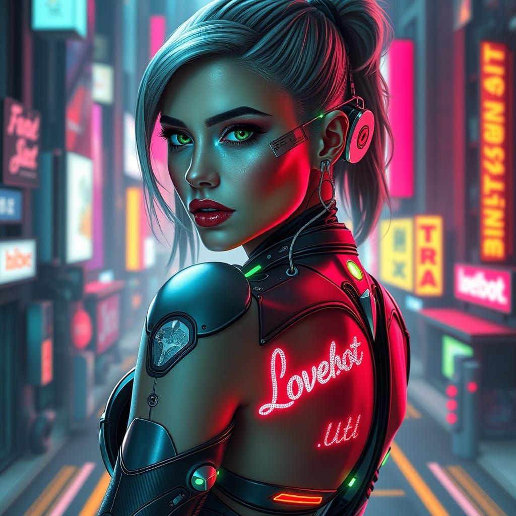 Cyberpunk Goddess with Lovebot Tattoo in Neon-Lit Cityscape