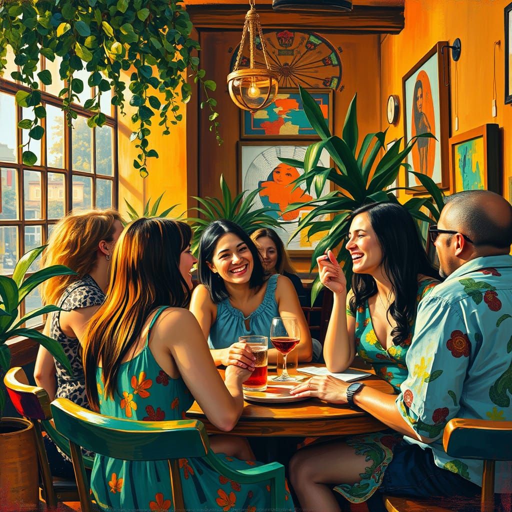 Cozy Art Cafe Scene with Vibrant Friends and Artistic Detail...