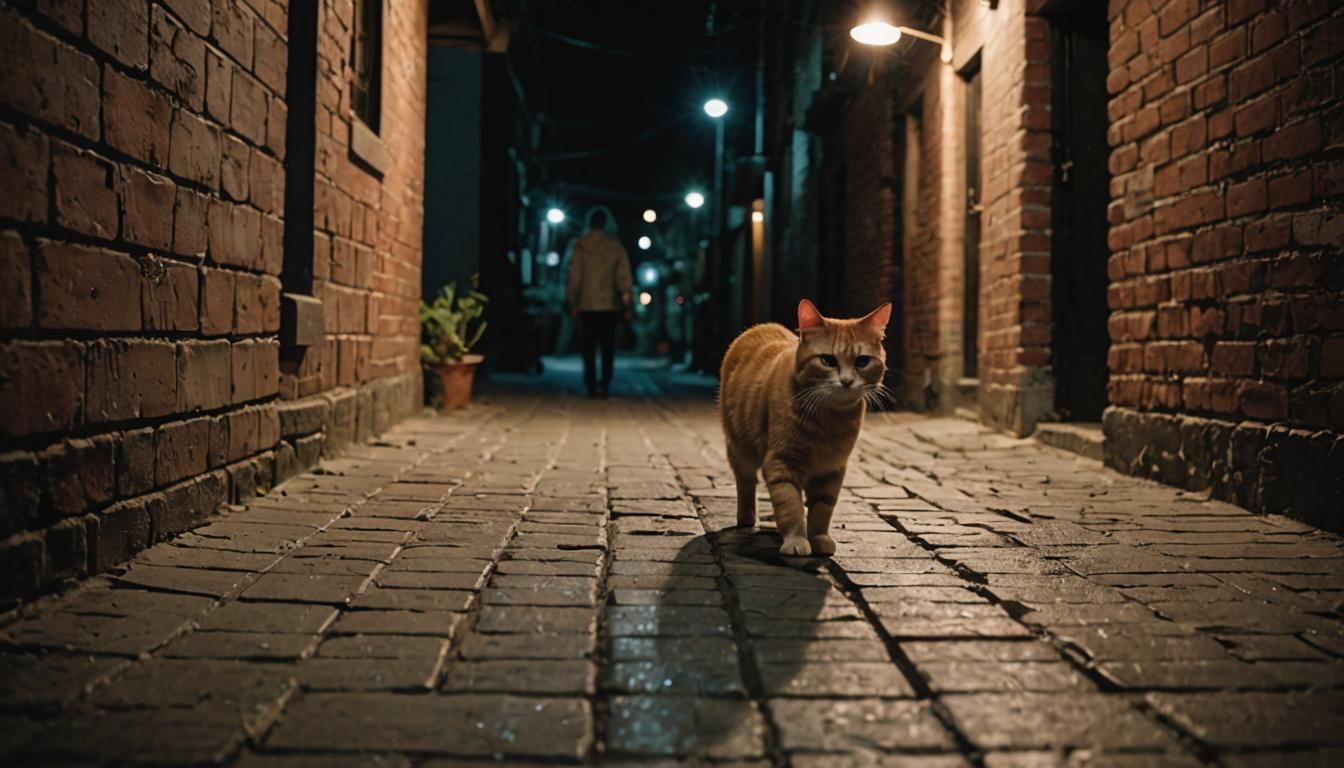 Ginger Cat Stalks Through Alleyway at Night