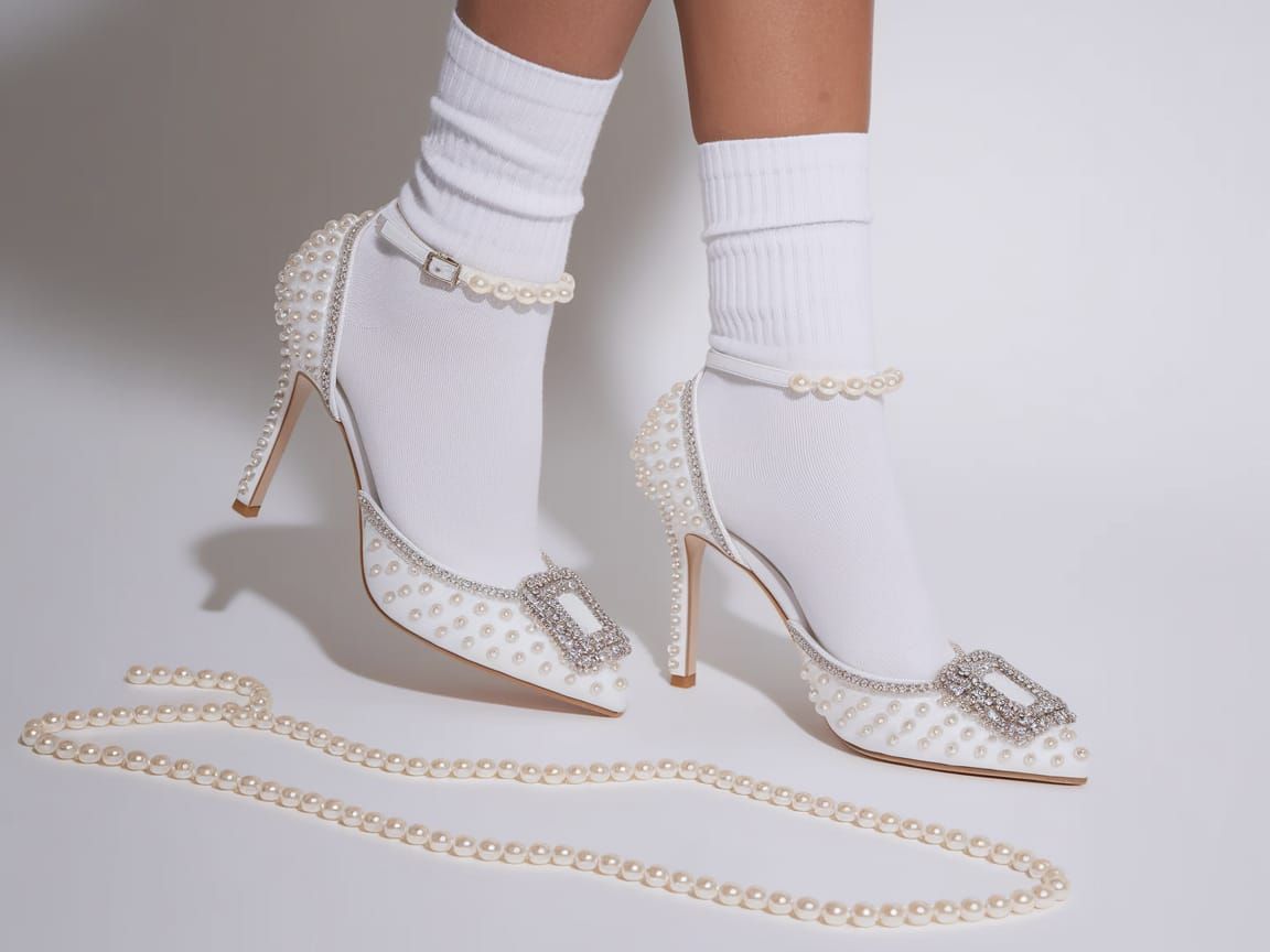 Elegant Pearl-Adorned High Heels and Socks