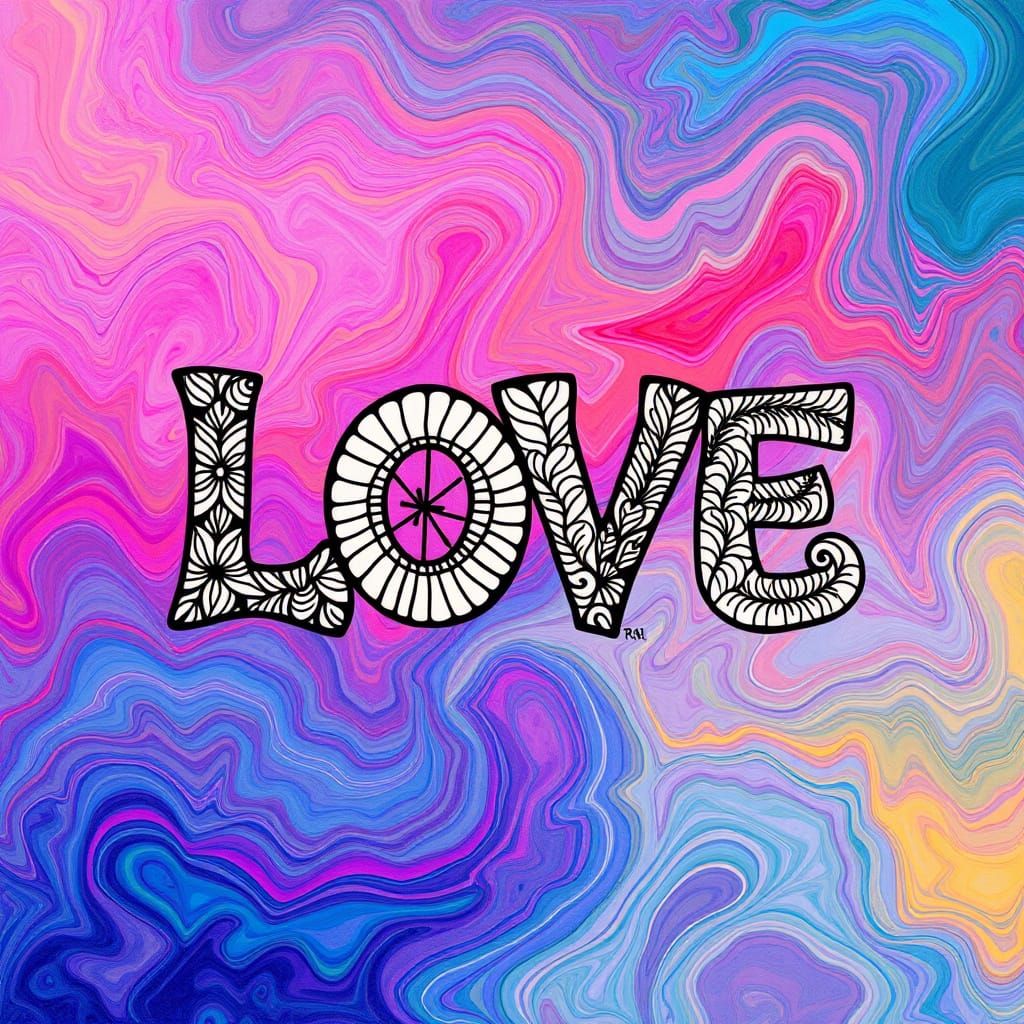 Intricate Zentangle Pattern of LOVE in Dreamy Pastel Colors