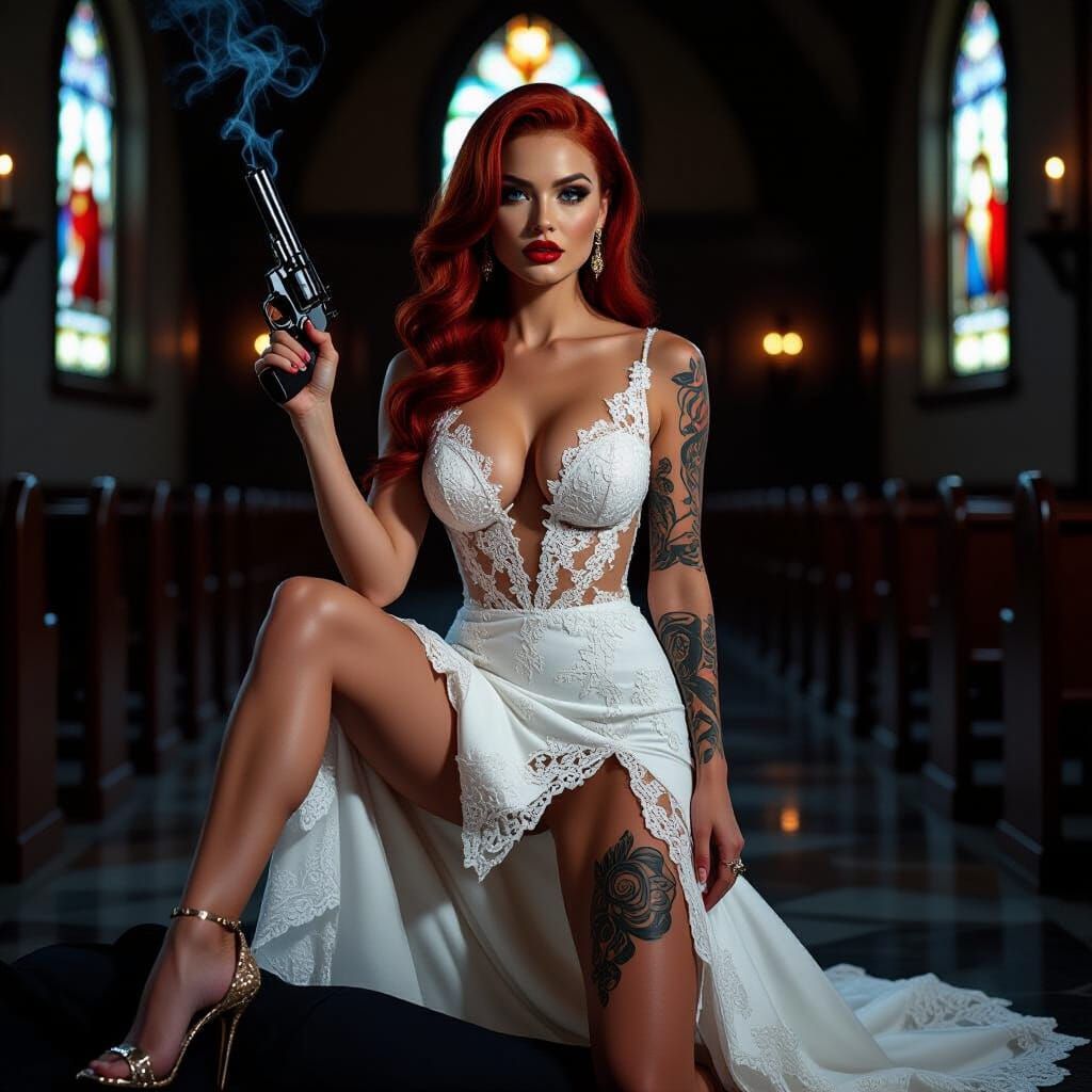 Femme Fatale in Wedding Dress with Revolver in Church