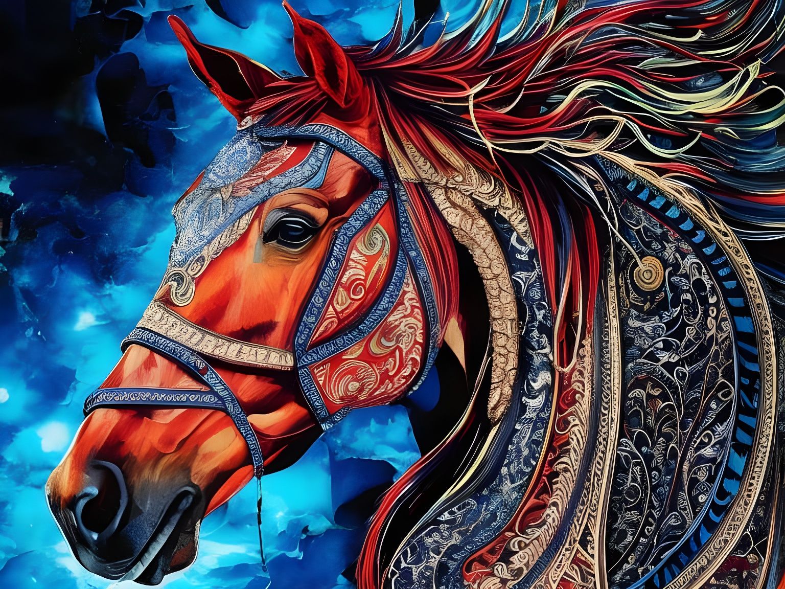 Royal Horse with Crown: Ornate Gouache Illustration