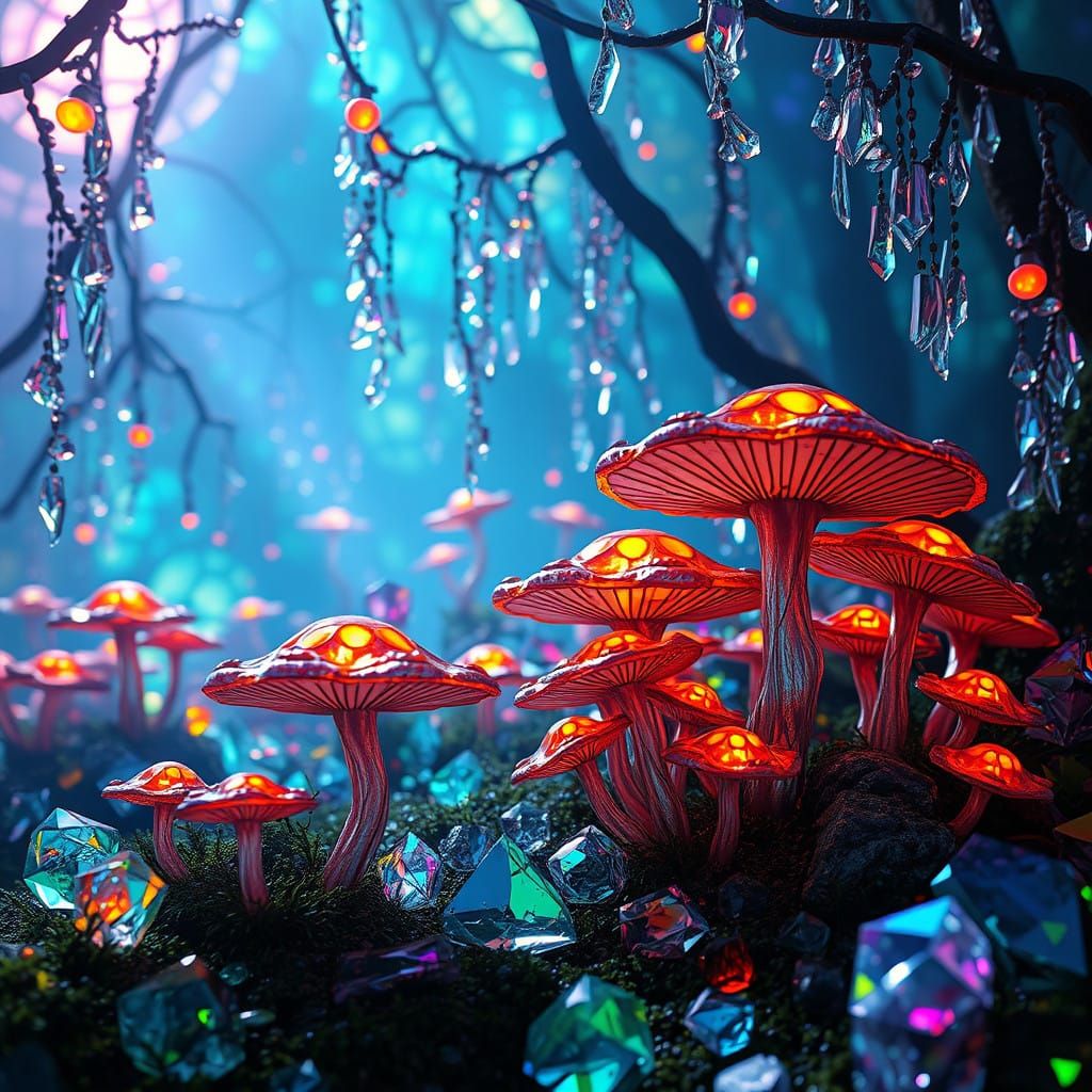 Mystical Crystals and Glittering Iridescent Mushrooms