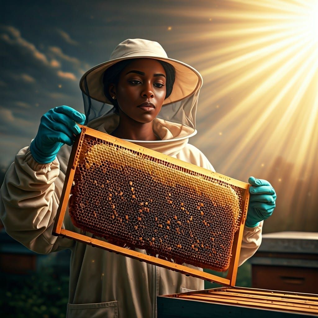 Beekeeper Harvesting Honeycomb Frame, Ethereal Lighting